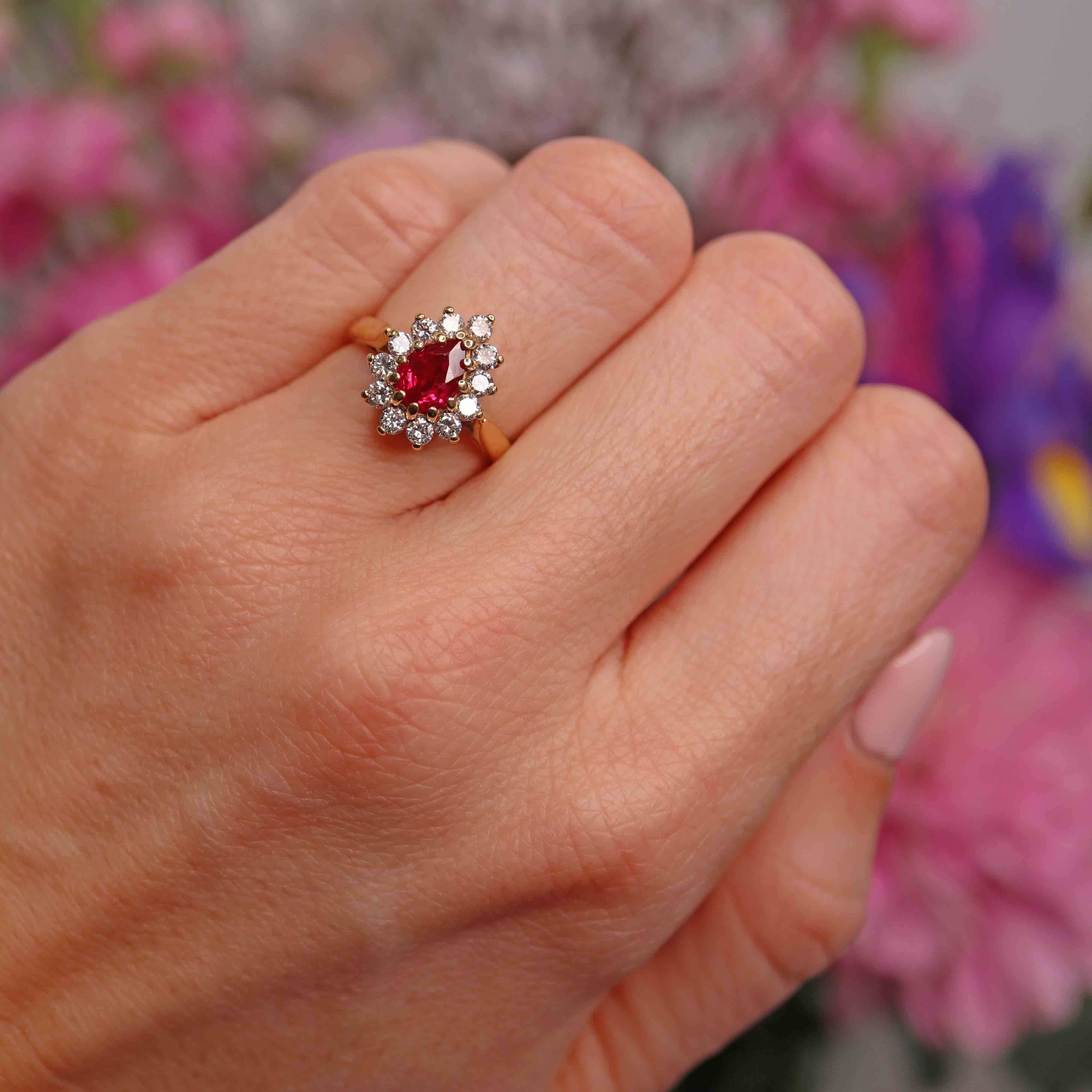 Ellibelle Jewellery Vintage 1997 Ruby & Diamond 18ct Gold Pear Cluster Engagement Ring (0.80cts)