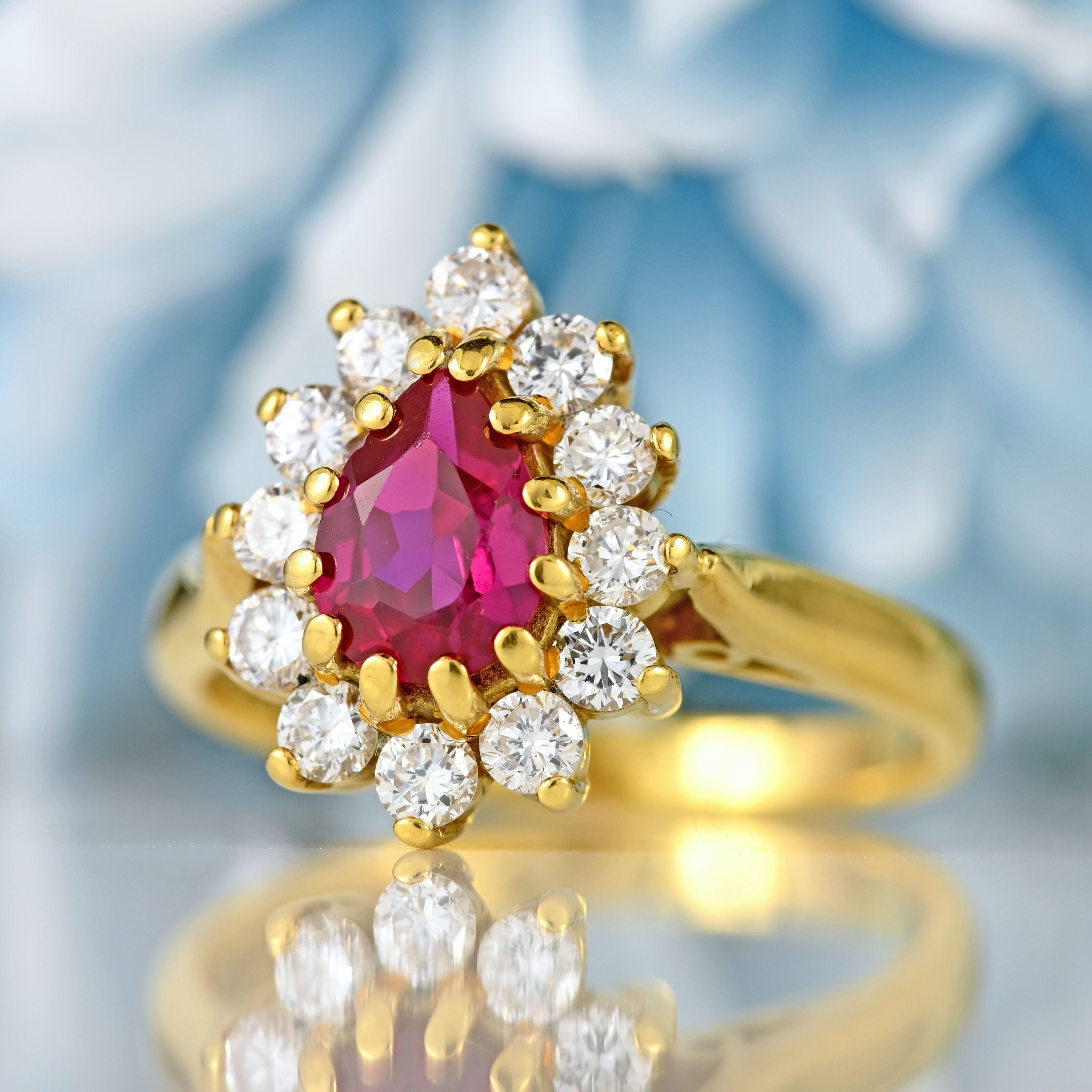 Ellibelle Jewellery Vintage 1997 Ruby & Diamond 18ct Gold Pear Cluster Engagement Ring (0.80cts)
