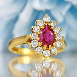 Ellibelle Jewellery Vintage 1997 Ruby & Diamond 18ct Gold Pear Cluster Engagement Ring (0.80cts)