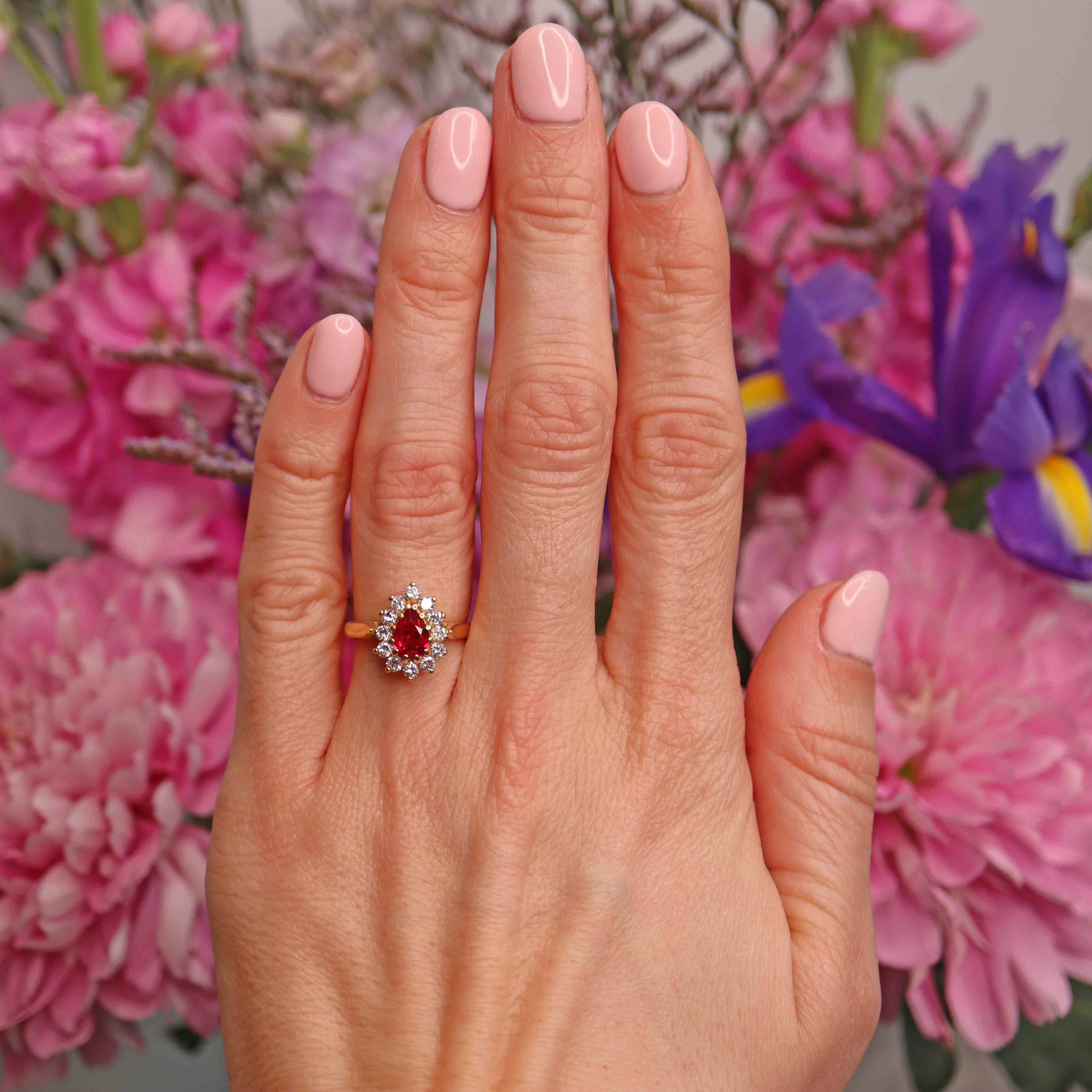 Ellibelle Jewellery Vintage 1997 Ruby & Diamond 18ct Gold Pear Cluster Engagement Ring (0.80cts)