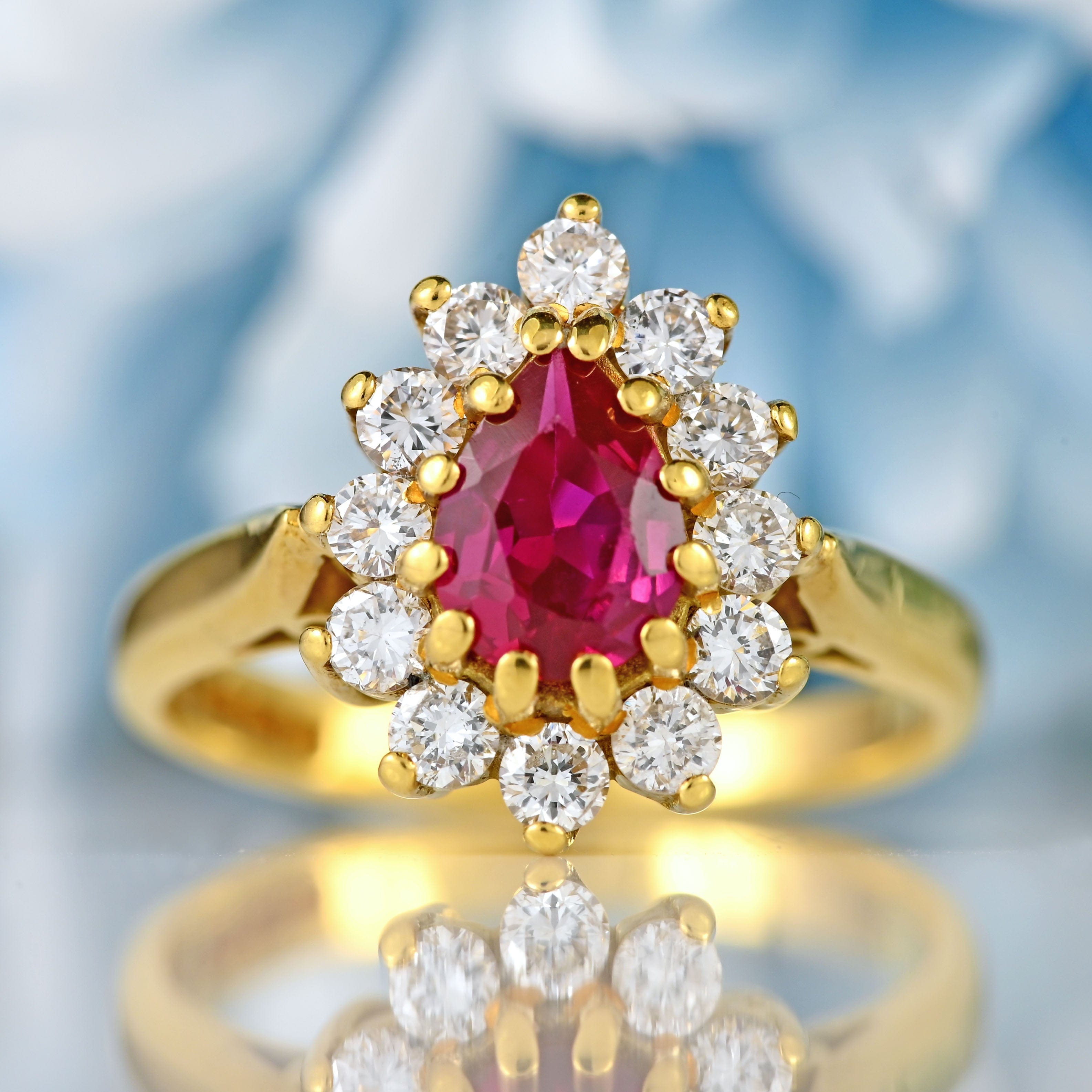 Ellibelle Jewellery Vintage 1997 Ruby & Diamond 18ct Gold Pear Cluster Engagement Ring (0.80cts)