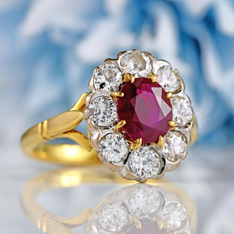 Ellibelle Jewellery Vintage 1997 Ruby & Old Euro Cut Diamond 18ct Gold Cluster Engagement Ring