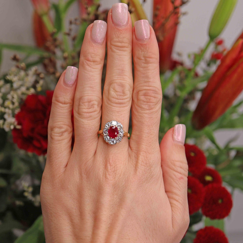 Ellibelle Jewellery Vintage 1997 Ruby & Old Euro Cut Diamond 18ct Gold Cluster Engagement Ring