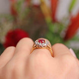 Ellibelle Jewellery Vintage 1997 Ruby & Old Euro Cut Diamond 18ct Gold Cluster Engagement Ring