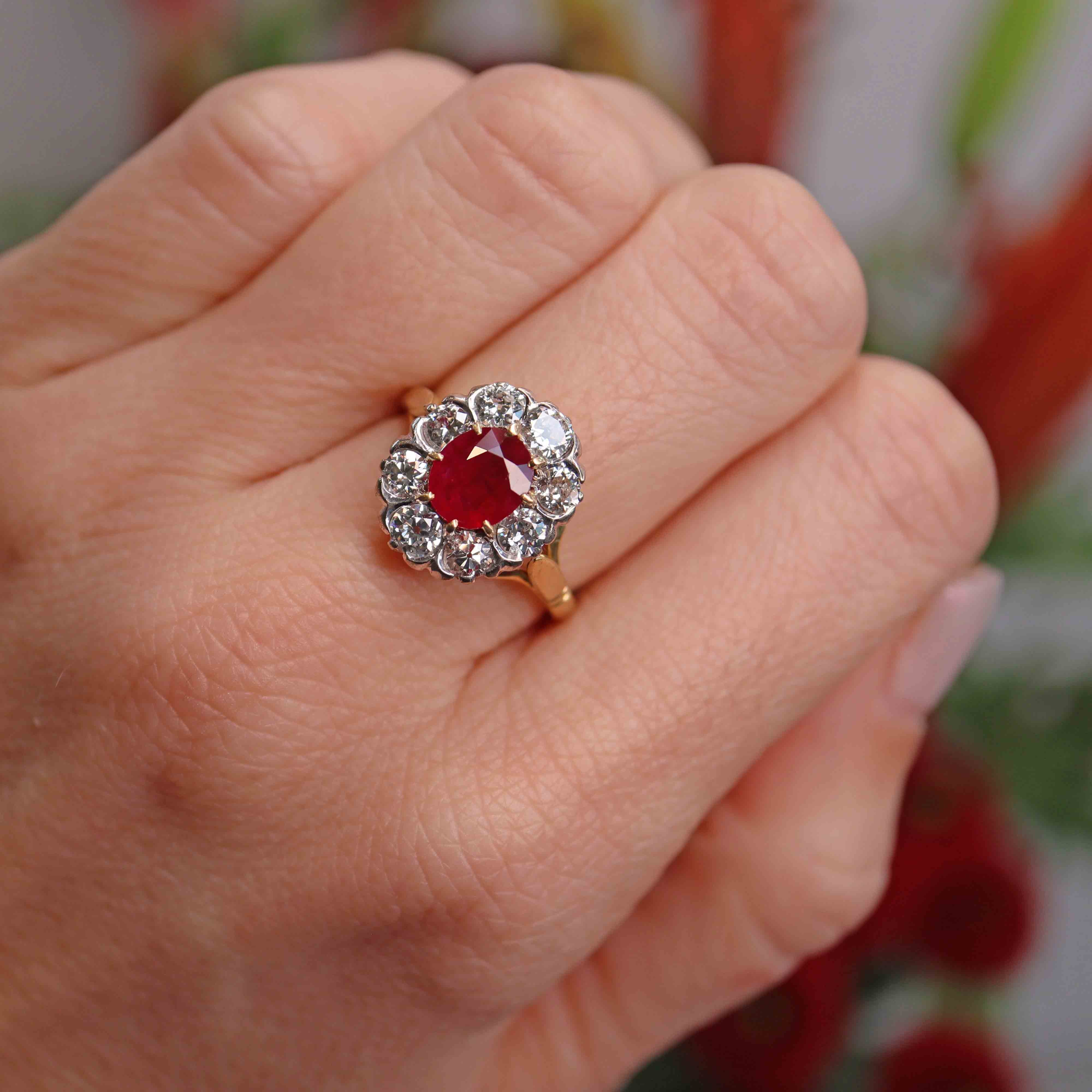 Ellibelle Jewellery Vintage 1997 Ruby & Old Euro Cut Diamond 18ct Gold Cluster Engagement Ring