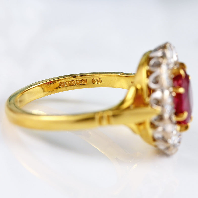 Ellibelle Jewellery Vintage 1997 Ruby & Old Euro Cut Diamond 18ct Gold Cluster Engagement Ring