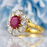 Ellibelle Jewellery Vintage 1997 Ruby & Old Euro Cut Diamond 18ct Gold Cluster Engagement Ring