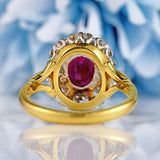 Ellibelle Jewellery Vintage 1997 Ruby & Old Euro Cut Diamond 18ct Gold Cluster Engagement Ring