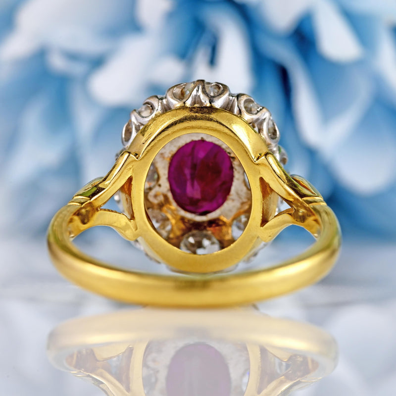 Ellibelle Jewellery Vintage 1997 Ruby & Old Euro Cut Diamond 18ct Gold Cluster Engagement Ring