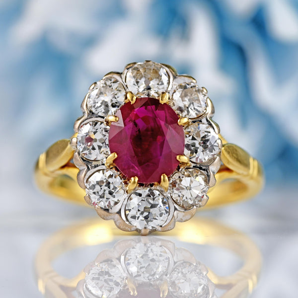 Ellibelle Jewellery Vintage 1997 Ruby & Old Euro Cut Diamond 18ct Gold Cluster Engagement Ring