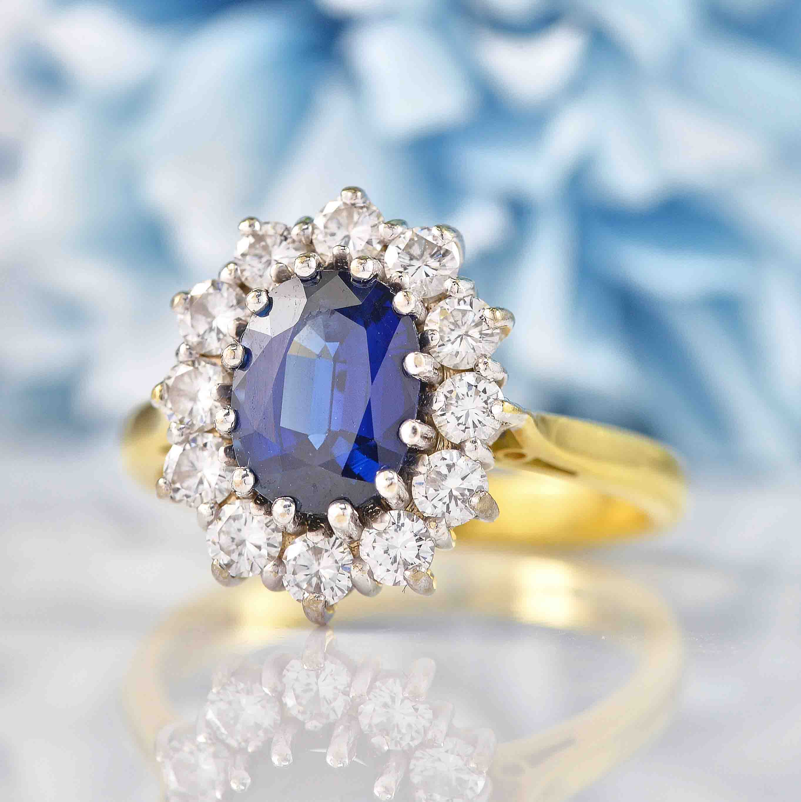 Ellibelle Jewellery Vintage 1997 Sapphire & Diamond 18ct Gold Cluster Engagement Ring