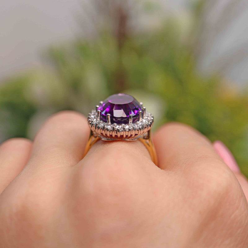 Ellibelle Jewellery Vintage 1998 Amethyst & Diamond 18ct Gold Oval Cluster Ring