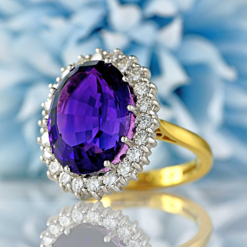 Ellibelle Jewellery Vintage 1998 Amethyst & Diamond 18ct Gold Oval Cluster Ring