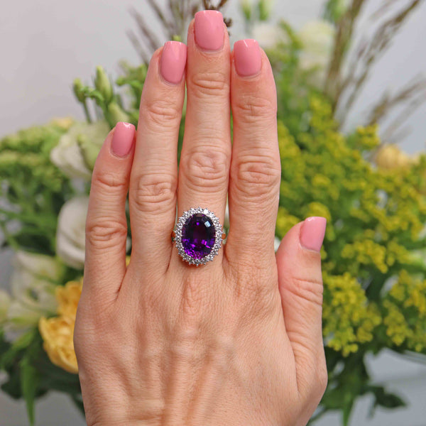 Ellibelle Jewellery Vintage 1998 Amethyst & Diamond 18ct Gold Oval Cluster Ring