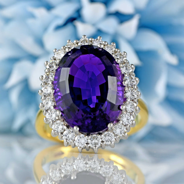 Ellibelle Jewellery Vintage 1998 Amethyst & Diamond 18ct Gold Oval Cluster Ring