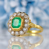 Ellibelle Jewellery Vintage 1998 Emerald & Diamond 18ct Gold Cluster Engagement Ring