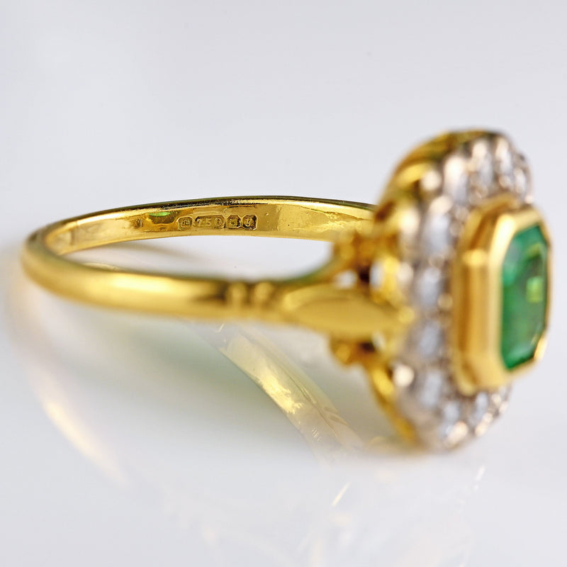 Ellibelle Jewellery Vintage 1998 Emerald & Diamond 18ct Gold Cluster Engagement Ring