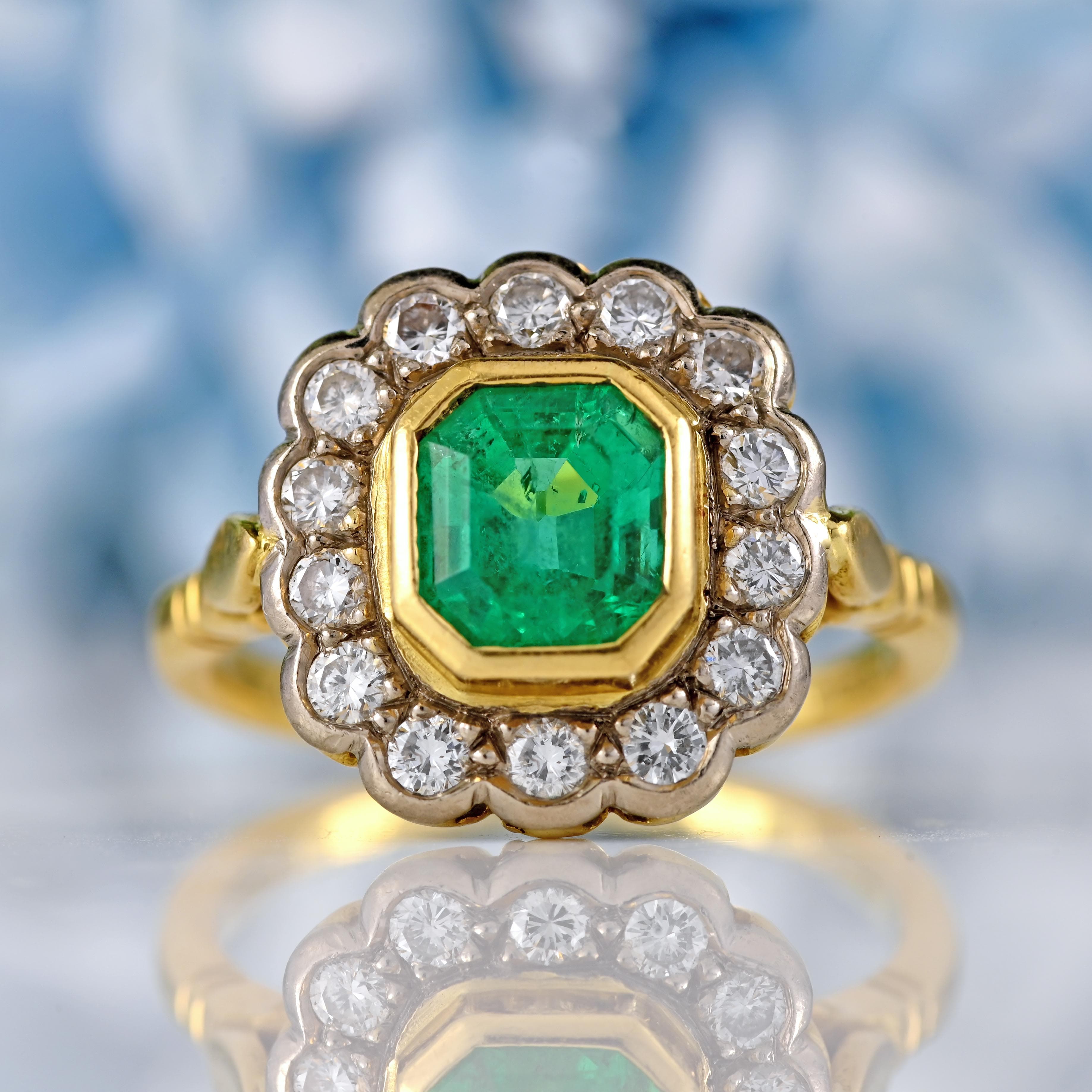 Ellibelle Jewellery Vintage 1998 Emerald & Diamond 18ct Gold Cluster Engagement Ring