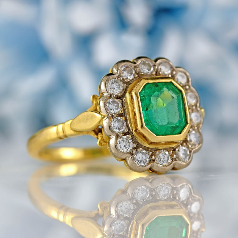Ellibelle Jewellery Vintage 1998 Emerald & Diamond 18ct Gold Cluster Engagement Ring
