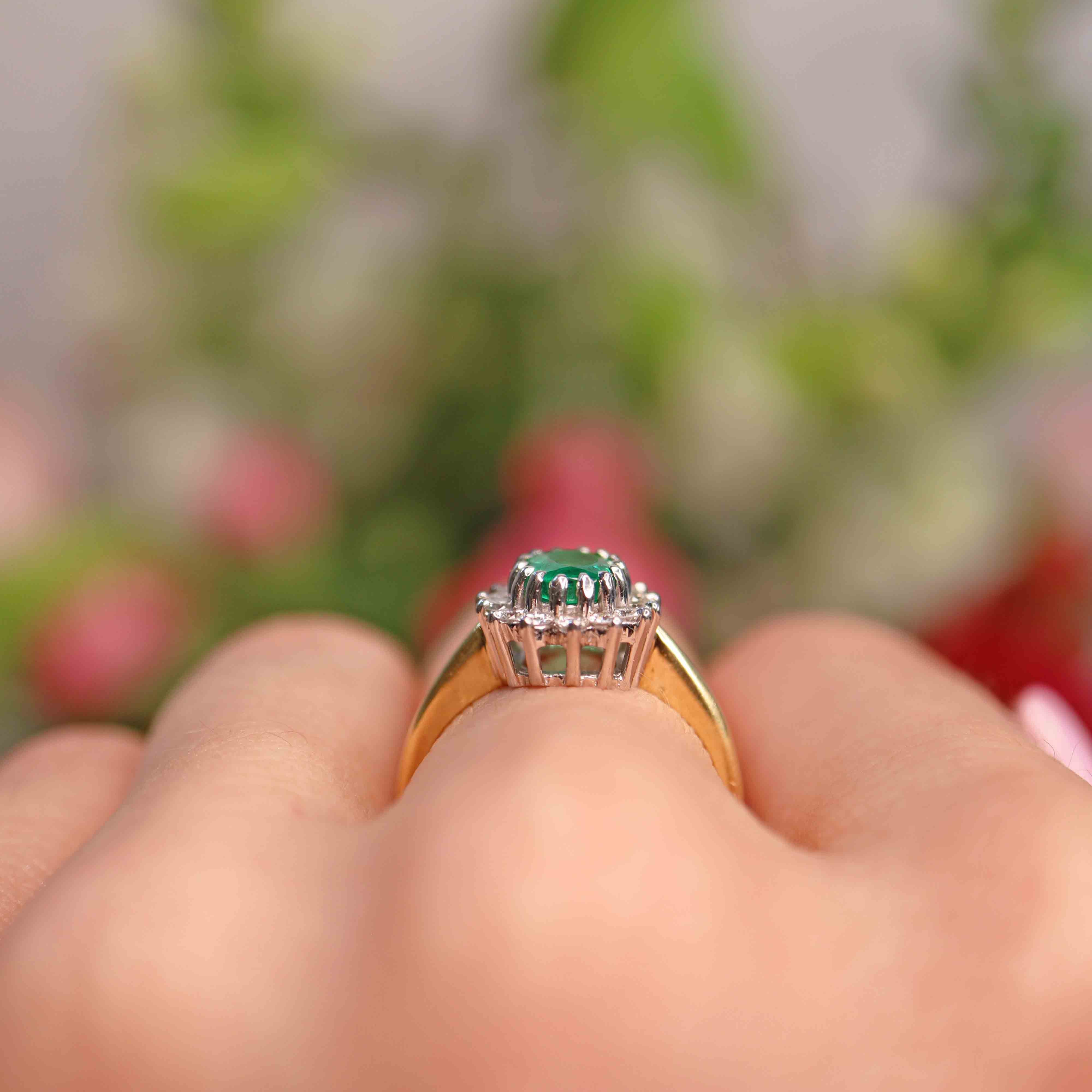 Ellibelle Jewellery Vintage 1998 Emerald & Diamond 18ct Gold Cluster Ring