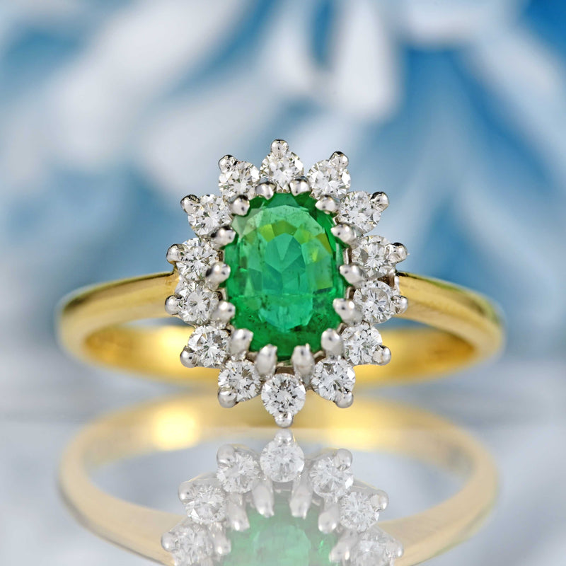 Ellibelle Jewellery Vintage 1998 Emerald & Diamond 18ct Gold Cluster Ring