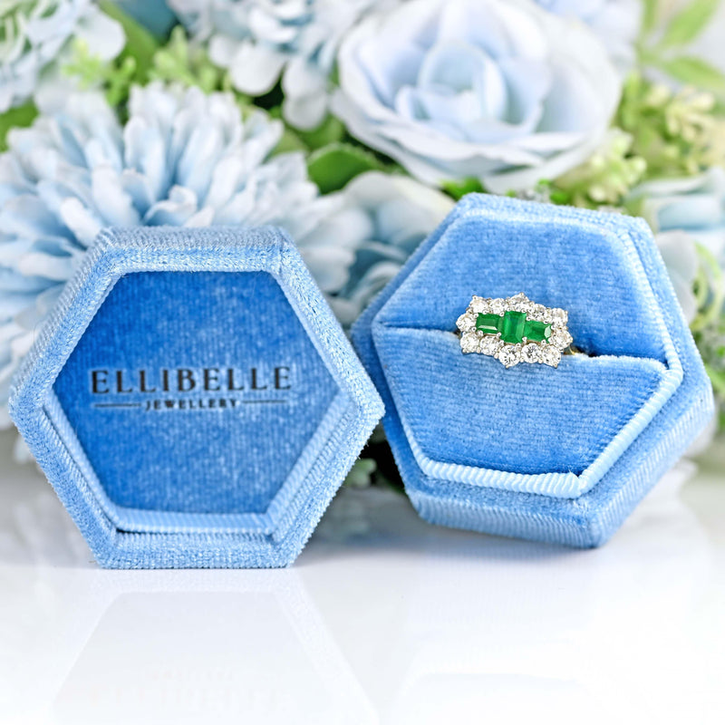 Ellibelle Jewellery Vintage 1998 Emerald & Diamond 18ct Gold Triple Cluster Ring