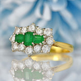 Ellibelle Jewellery Vintage 1998 Emerald & Diamond 18ct Gold Triple Cluster Ring