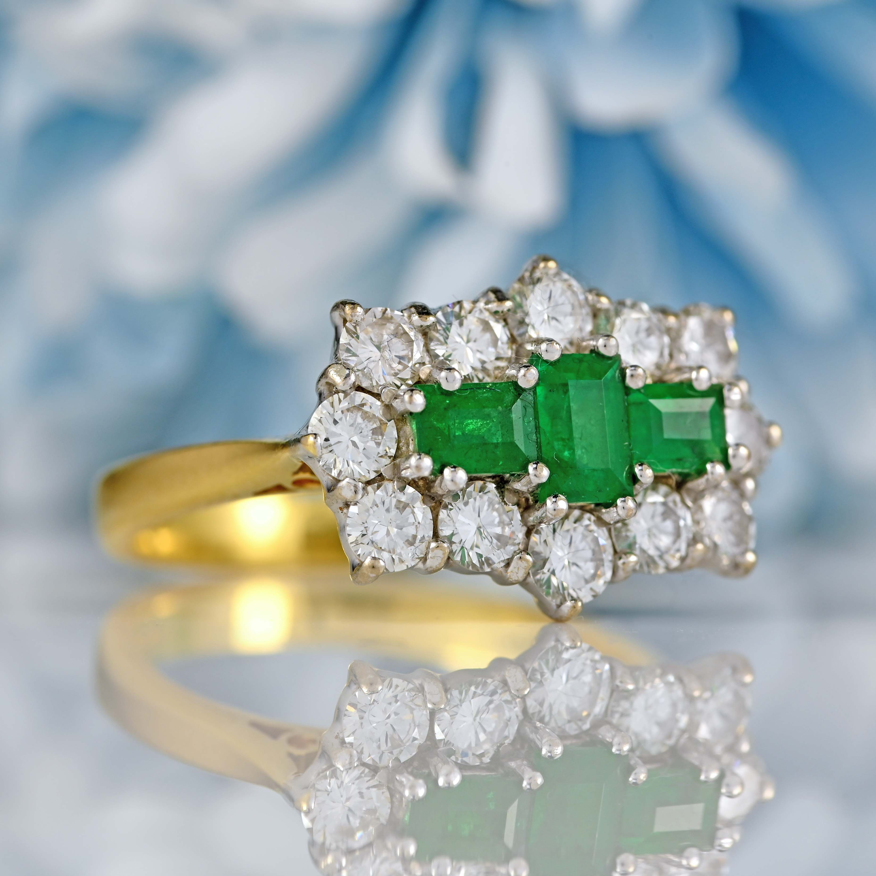 Ellibelle Jewellery Vintage 1998 Emerald & Diamond 18ct Gold Triple Cluster Ring