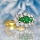 Ellibelle Jewellery Vintage 1998 Emerald & Diamond 18ct Gold Triple Cluster Ring