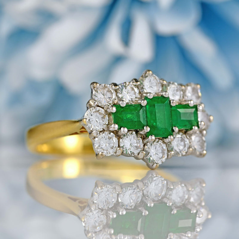 Ellibelle Jewellery Vintage 1998 Emerald & Diamond 18ct Gold Triple Cluster Ring
