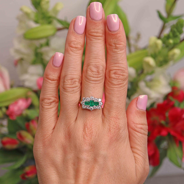 Ellibelle Jewellery Vintage 1998 Emerald & Diamond 18ct Gold Triple Cluster Ring
