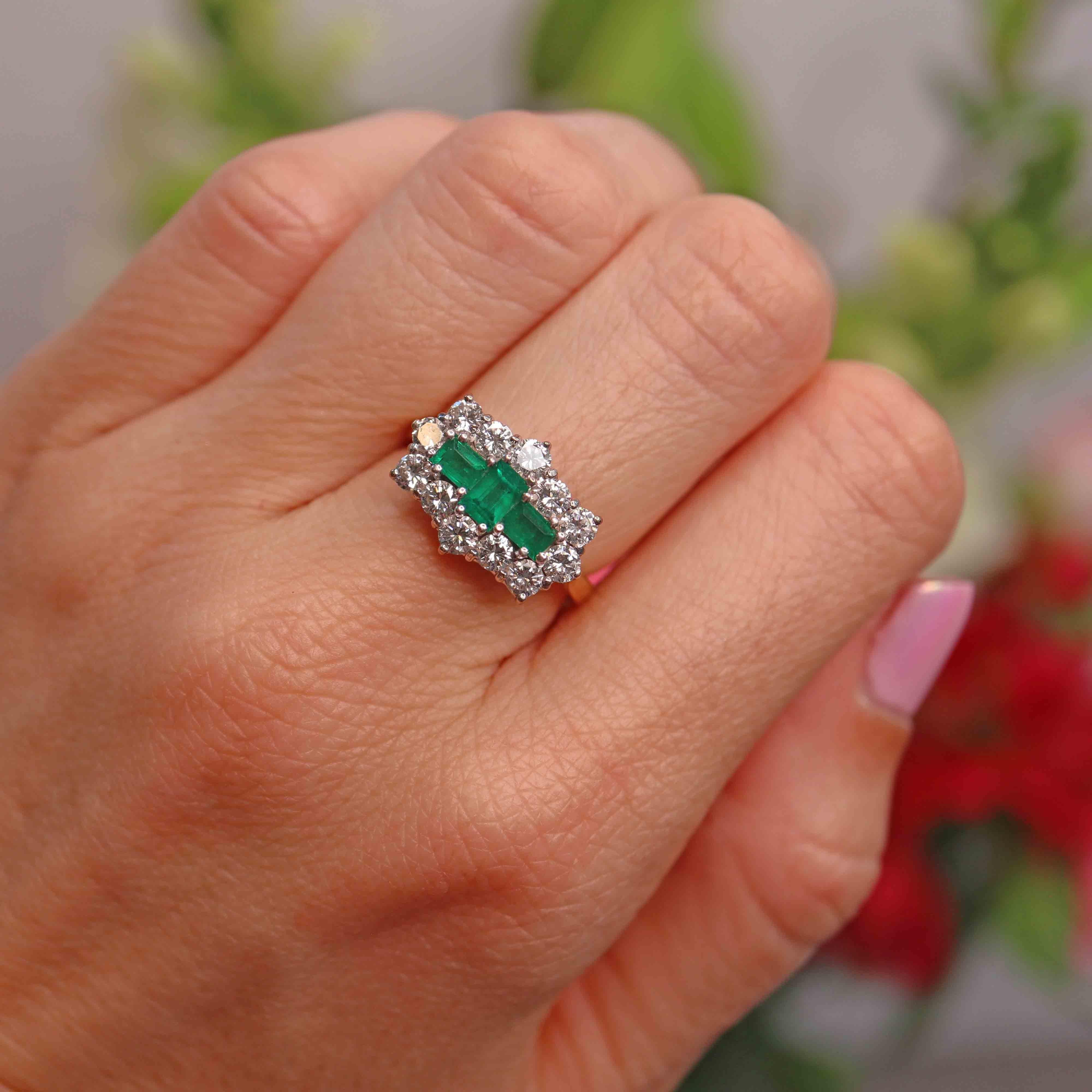 Ellibelle Jewellery Vintage 1998 Emerald & Diamond 18ct Gold Triple Cluster Ring