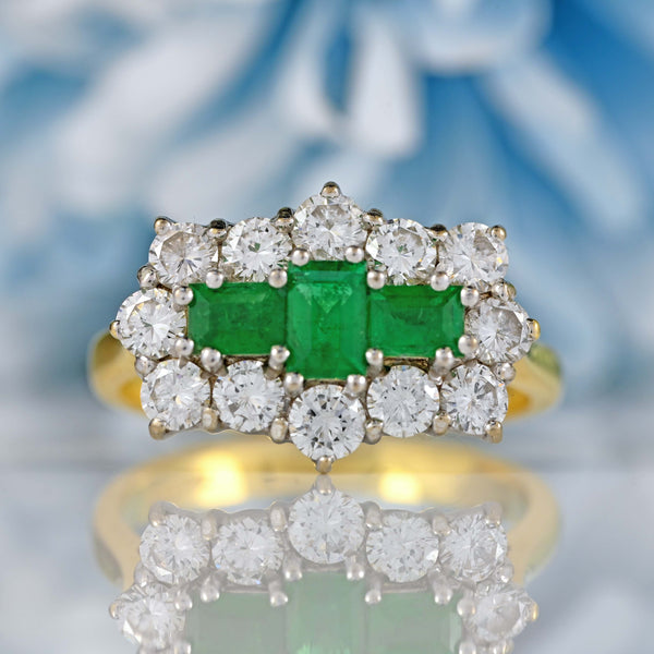 Ellibelle Jewellery Vintage 1998 Emerald & Diamond 18ct Gold Triple Cluster Ring