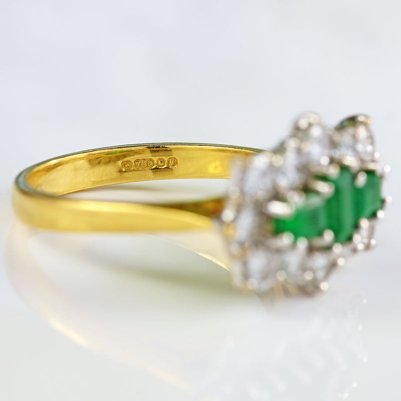Ellibelle Jewellery Vintage 1998 Emerald & Diamond 18ct Gold Triple Cluster Ring