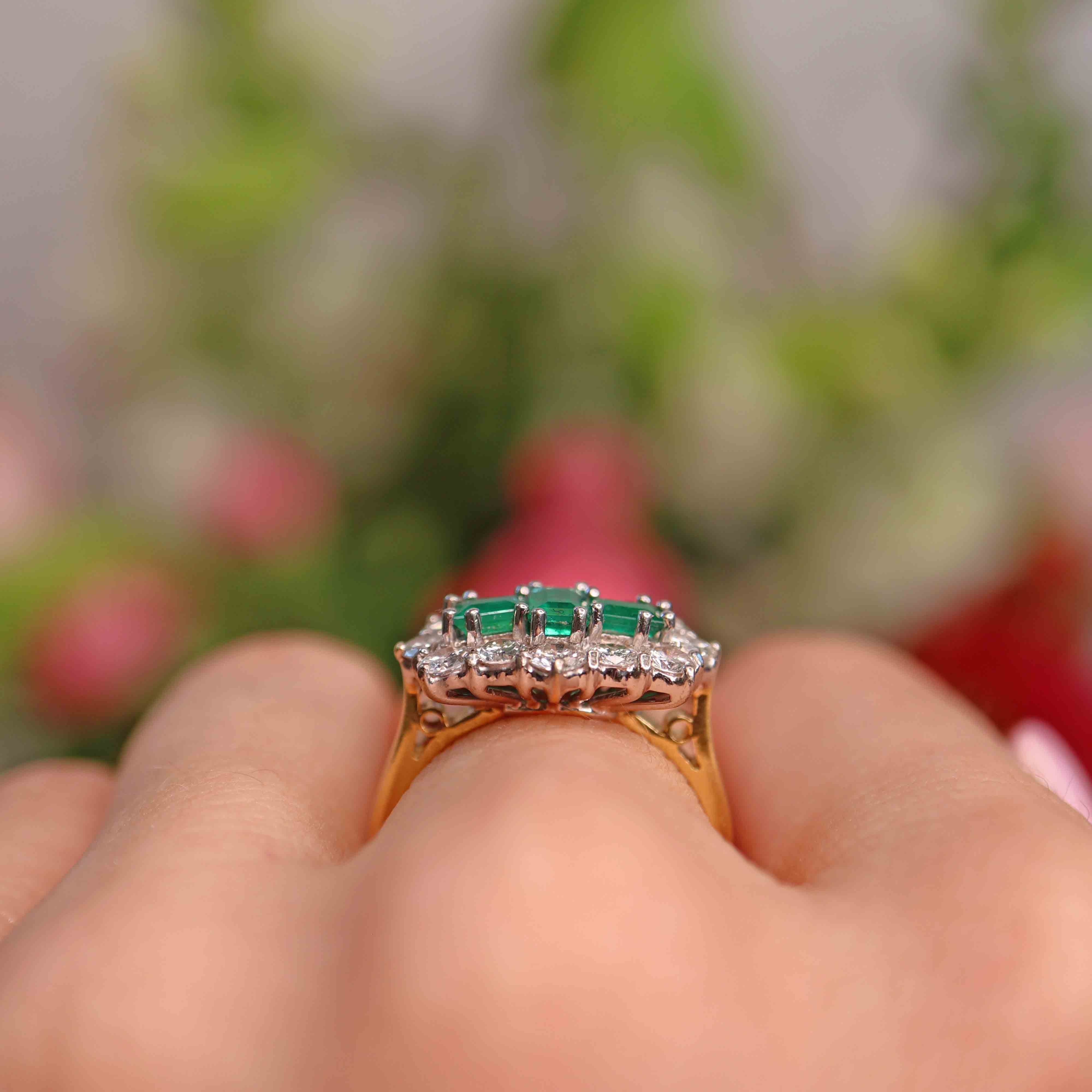 Ellibelle Jewellery Vintage 1998 Emerald & Diamond 18ct Gold Triple Cluster Ring