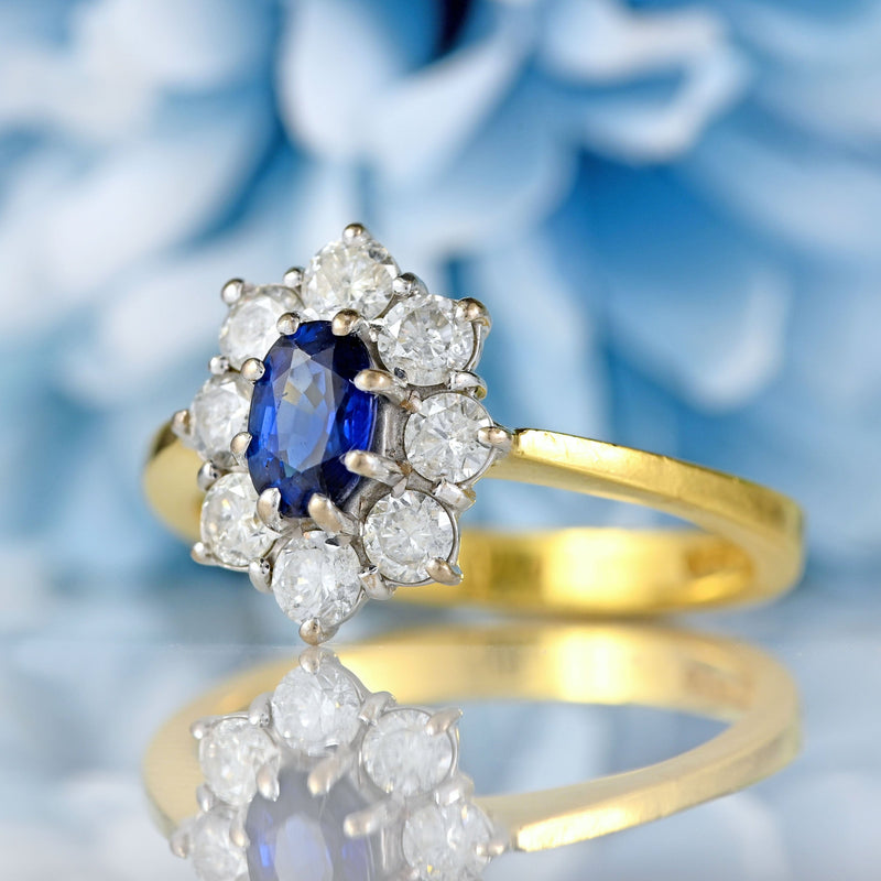 Ellibelle Jewellery Vintage 1998 Sapphire & Diamond 18ct Gold Cluster Engagement Ring