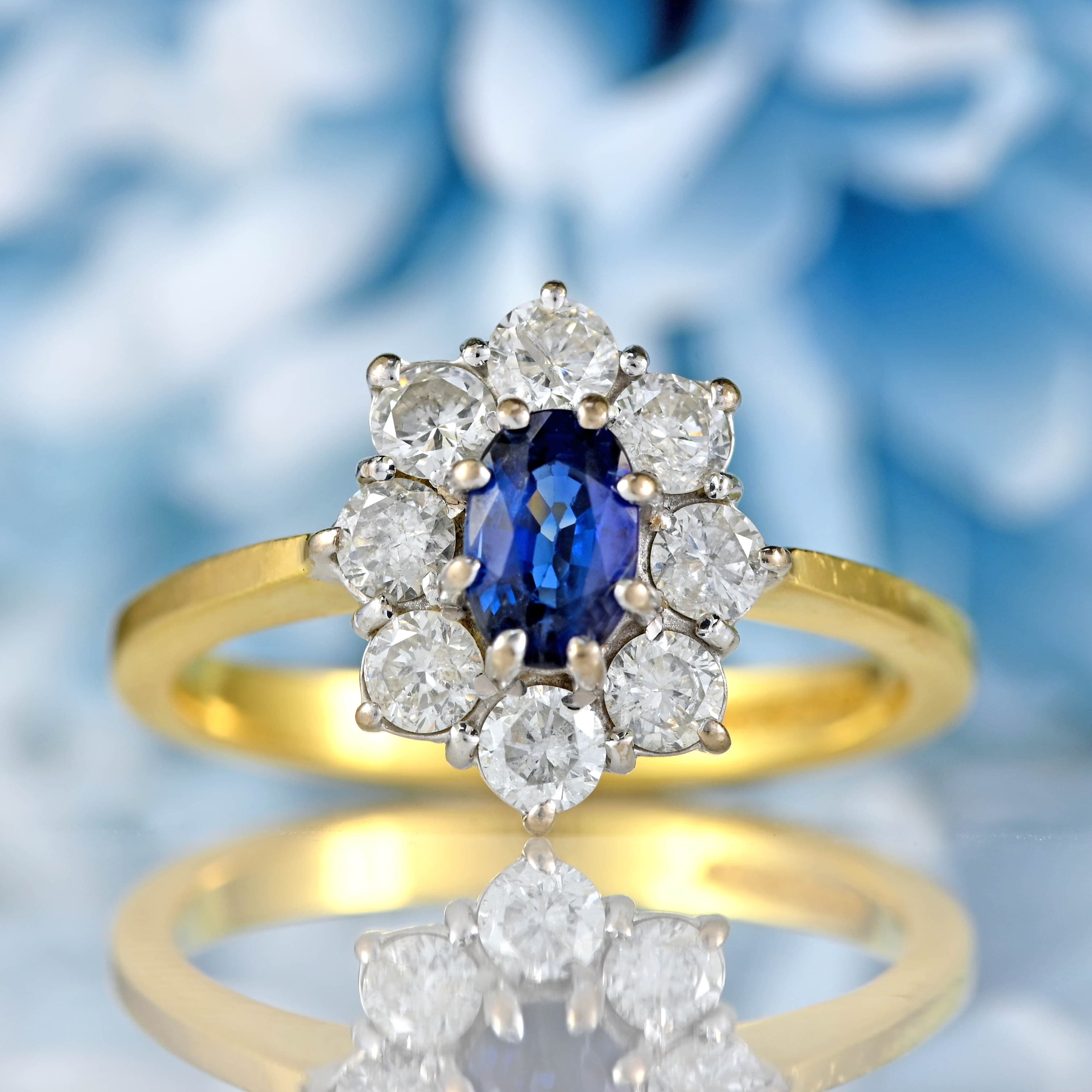 Ellibelle Jewellery Vintage 1998 Sapphire & Diamond 18ct Gold Cluster Engagement Ring