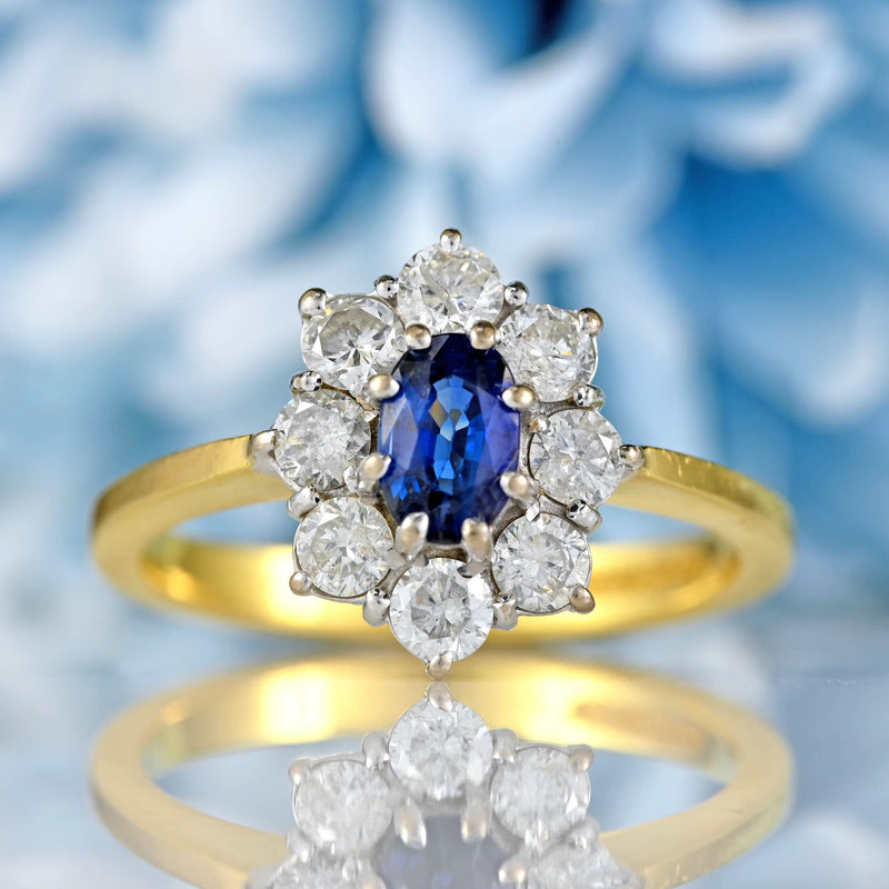 Ellibelle Jewellery Vintage 1998 Sapphire & Diamond 18ct Gold Cluster Engagement Ring
