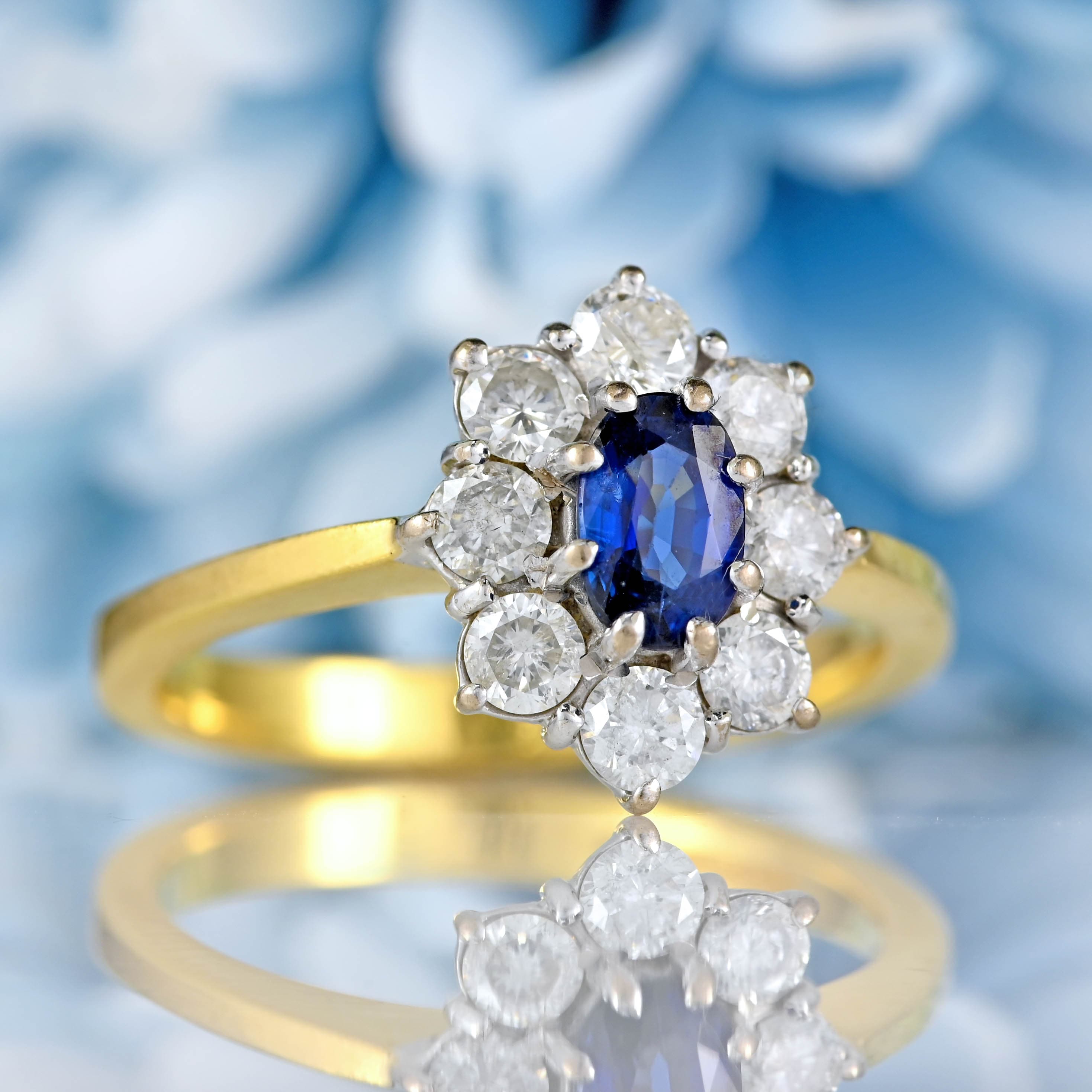 Ellibelle Jewellery Vintage 1998 Sapphire & Diamond 18ct Gold Cluster Engagement Ring
