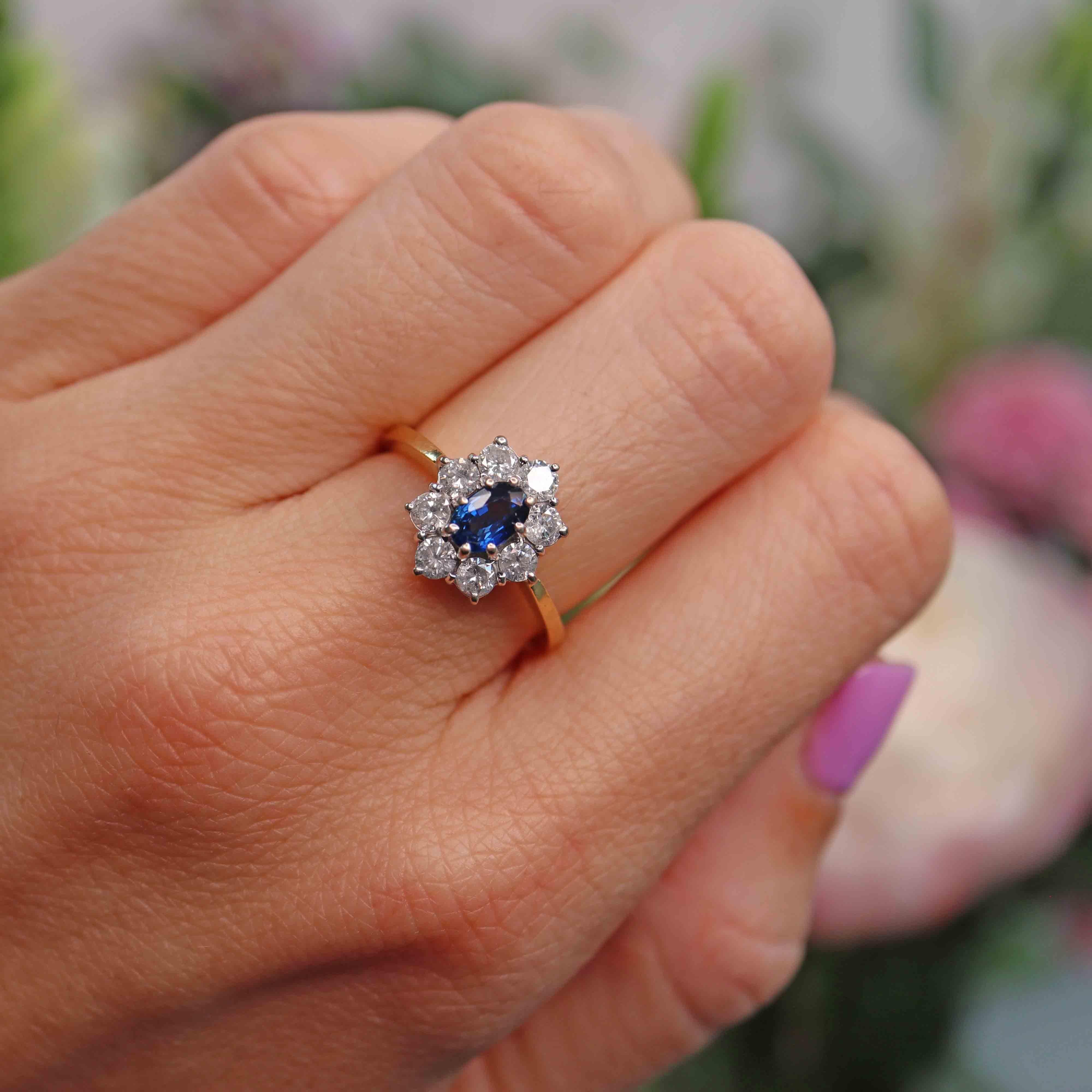 Ellibelle Jewellery Vintage 1998 Sapphire & Diamond 18ct Gold Cluster Engagement Ring