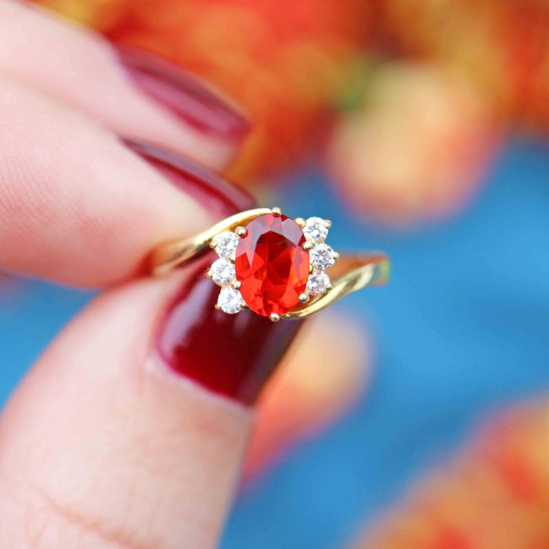 Ellibelle Jewellery Vintage 1999 Fire Opal & Diamond 18ct Gold Crossover Ring