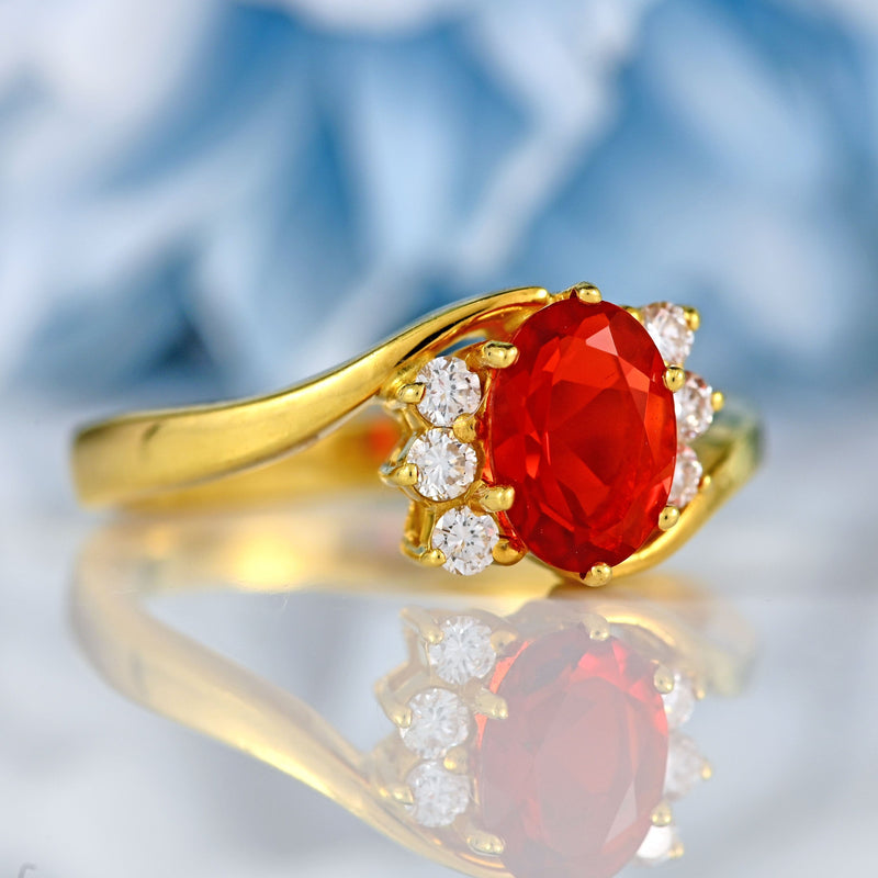Ellibelle Jewellery Vintage 1999 Fire Opal & Diamond 18ct Gold Crossover Ring