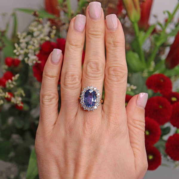 Ellibelle Jewellery Vintage 1999 Sapphire & Diamond 18ct Gold Cluster Engagement Ring (9.03ct)