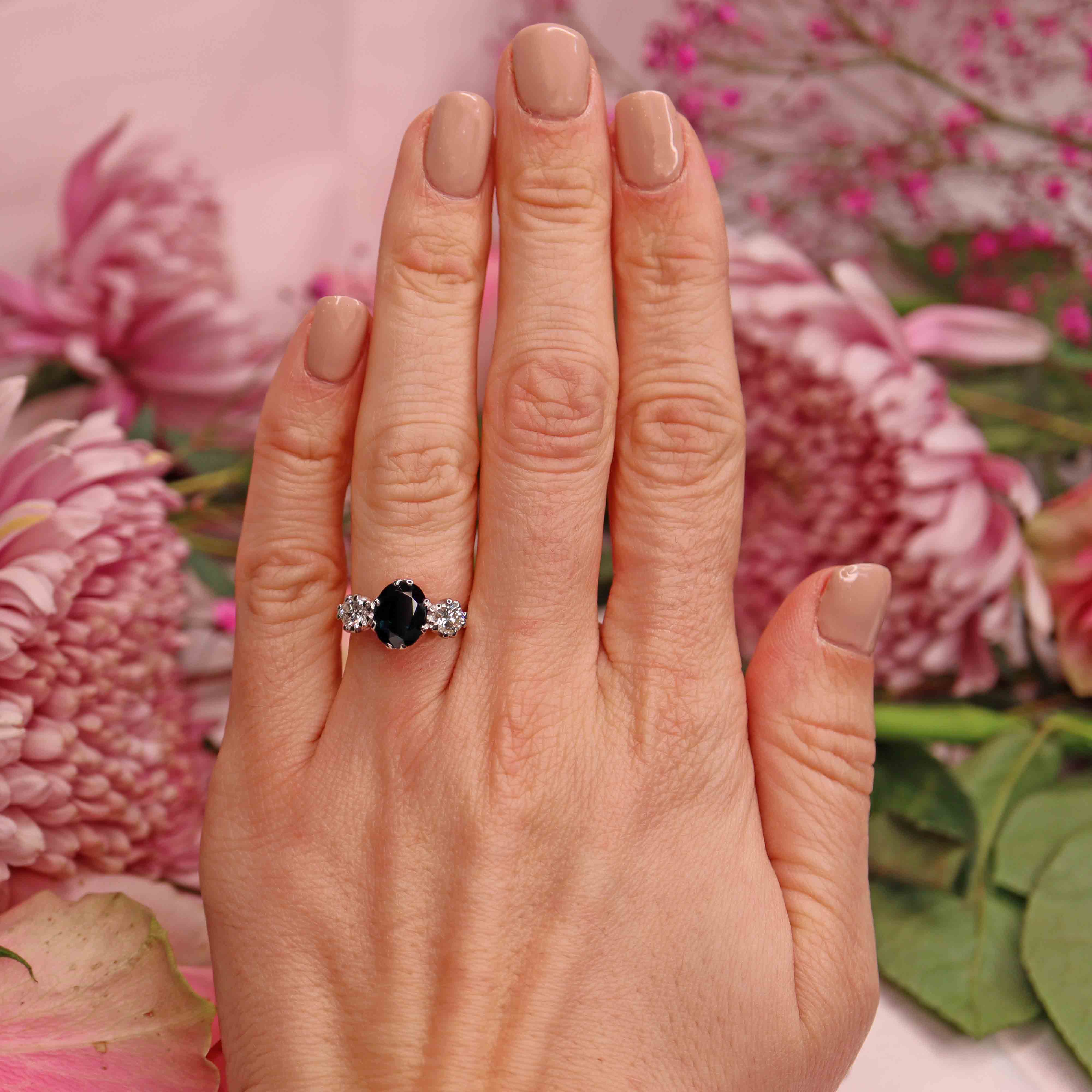 Ellibelle Jewellery Vintage 2.25ct Sapphire & Diamond Gold Platinum Three-Stone Engagement Ring