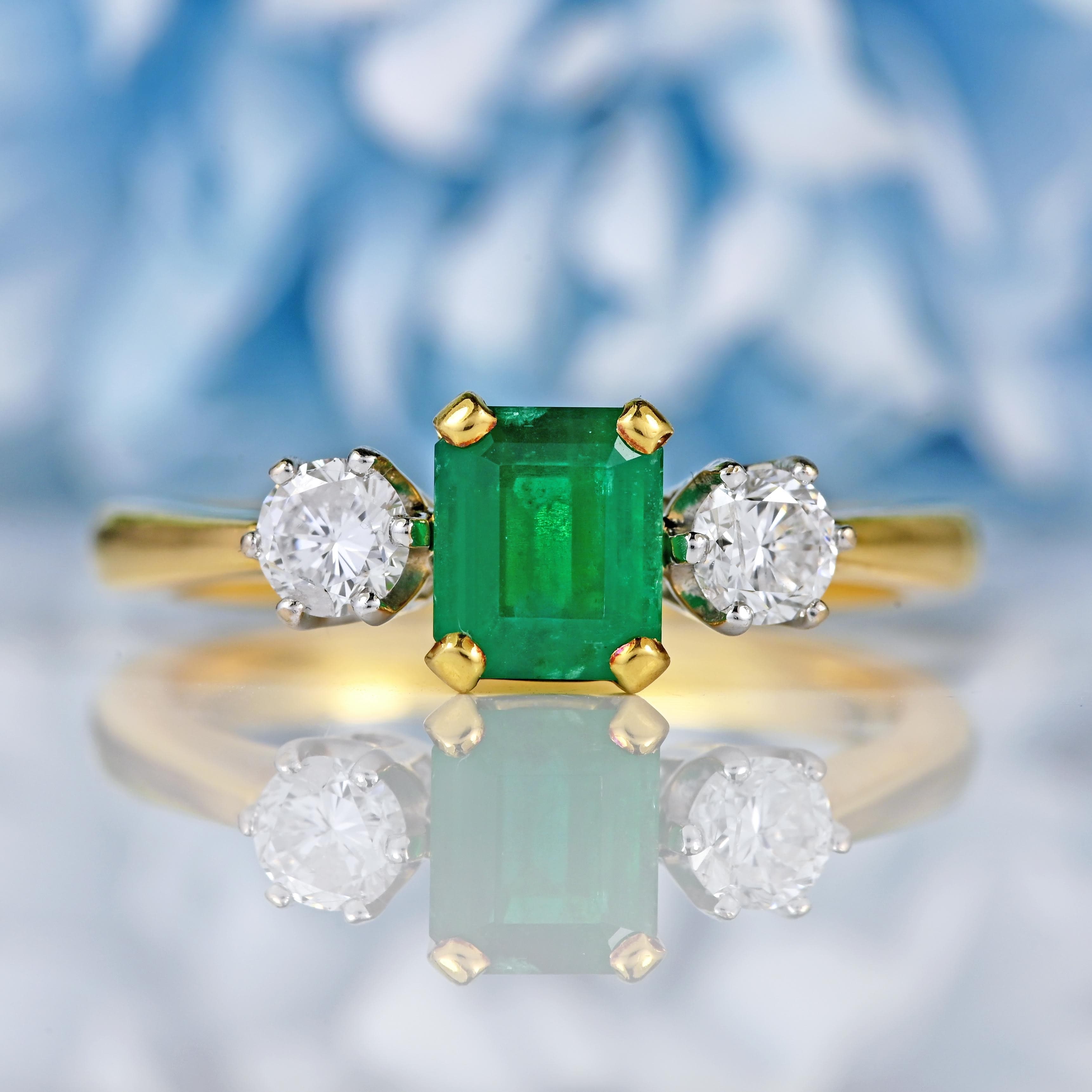 Ellibelle Jewellery Vintage 2000 Emerald & Diamond 18ct Gold Three-Stone Engagement Ring