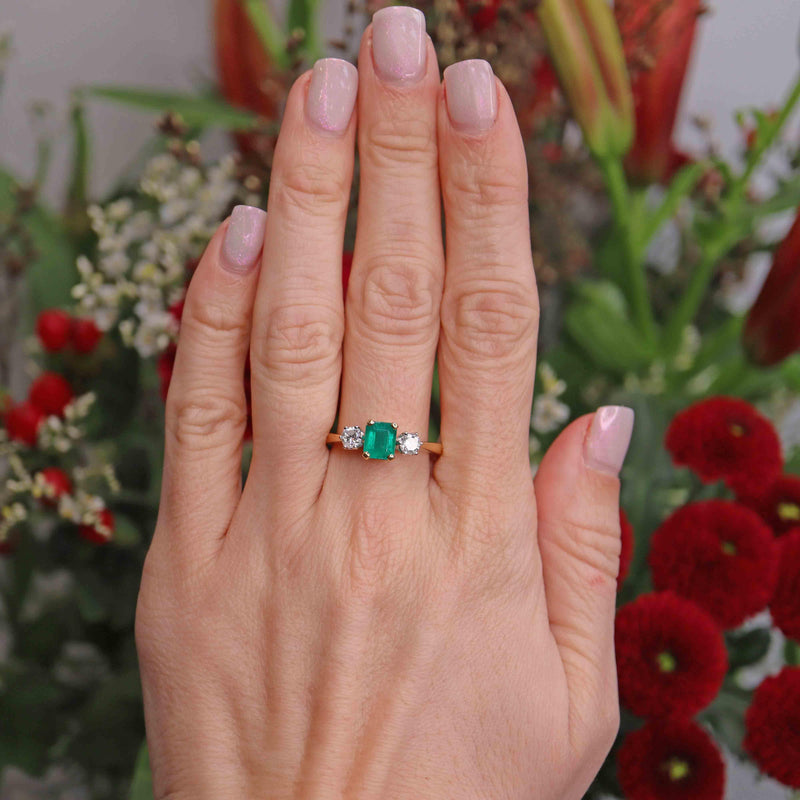 Ellibelle Jewellery Vintage 2000 Emerald & Diamond 18ct Gold Three-Stone Engagement Ring