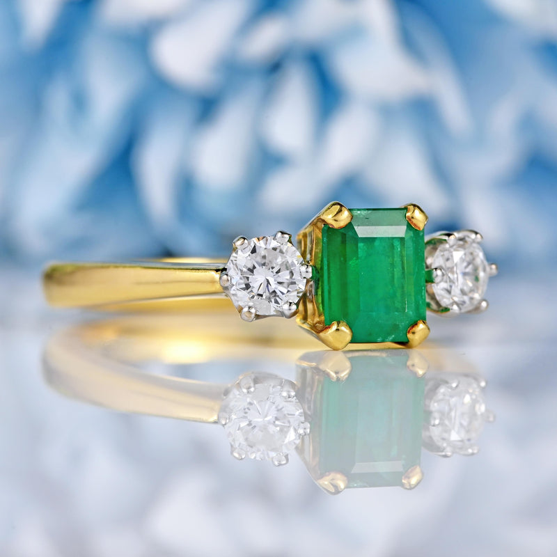 Ellibelle Jewellery Vintage 2000 Emerald & Diamond 18ct Gold Three-Stone Engagement Ring