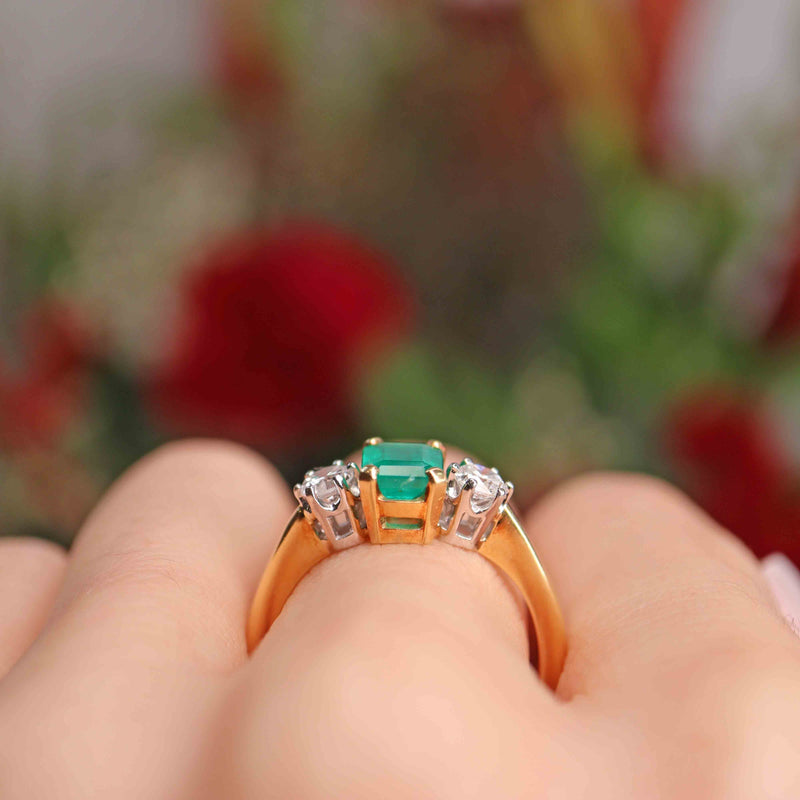 Ellibelle Jewellery Vintage 2000 Emerald & Diamond 18ct Gold Three-Stone Engagement Ring