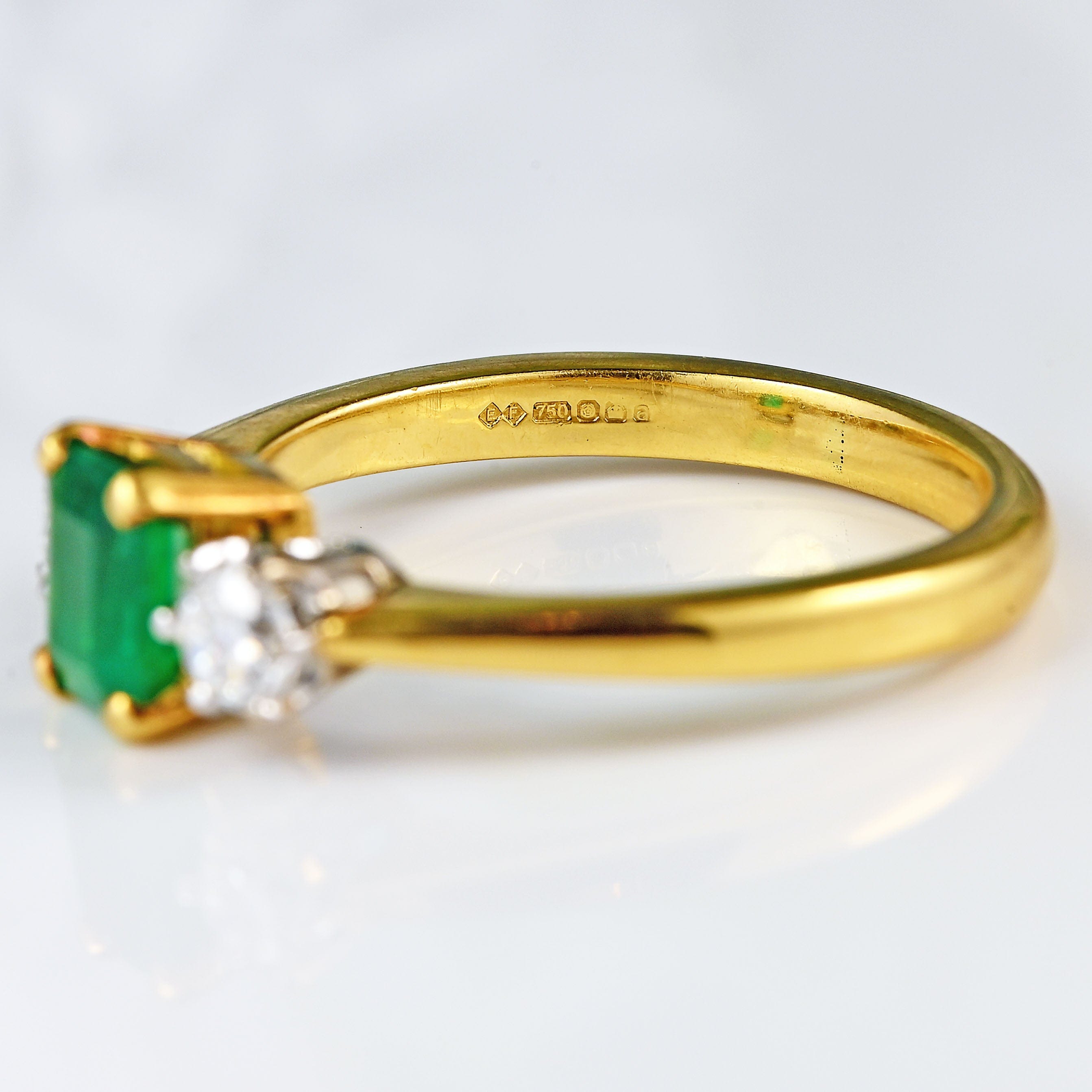 Ellibelle Jewellery Vintage 2000 Emerald & Diamond 18ct Gold Three-Stone Engagement Ring