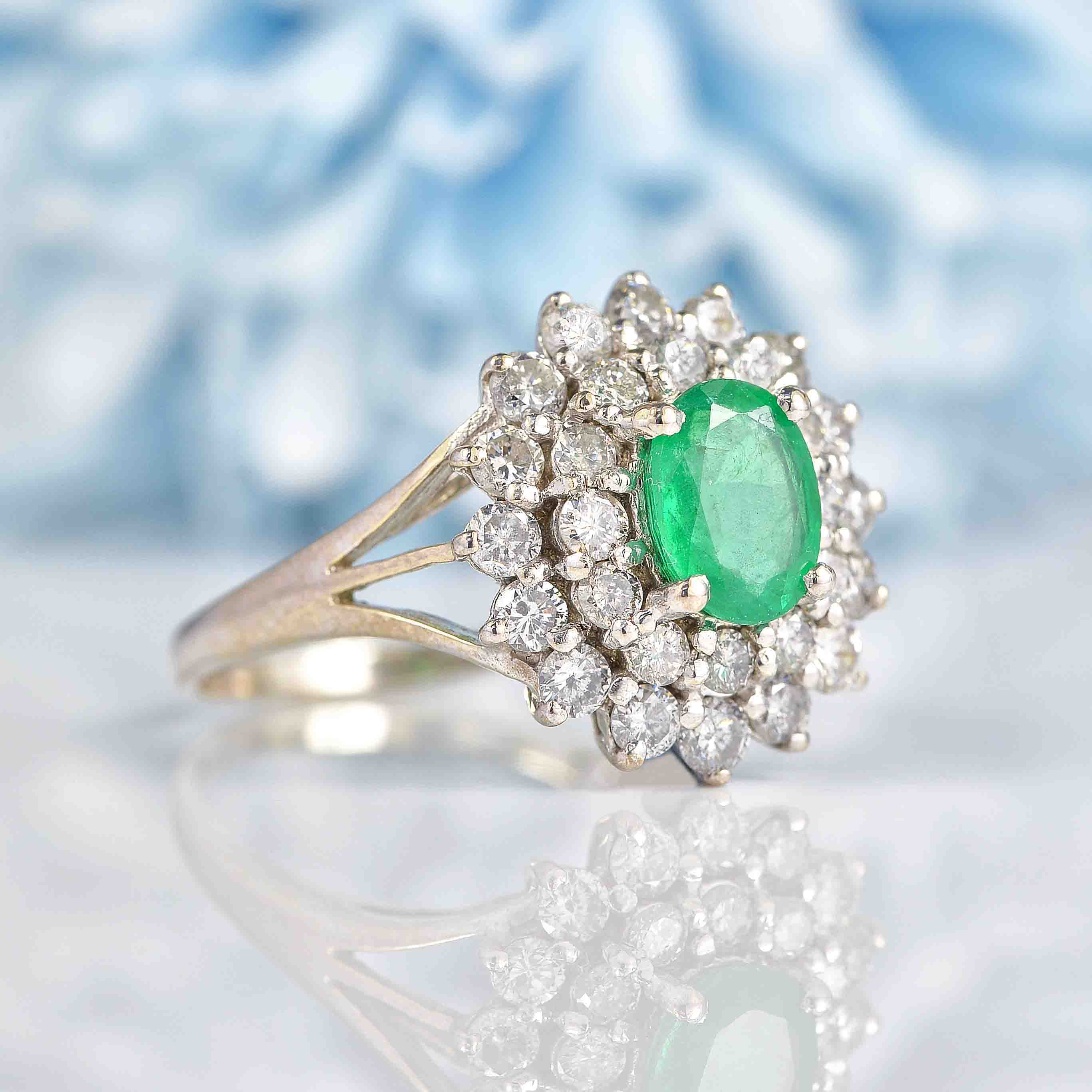 Ellibelle Jewellery Vintage 2000 Emerald & Diamond 18ct White Gold Cluster Ring